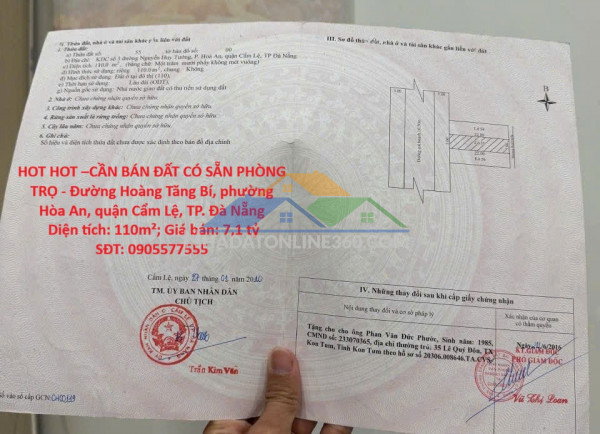 Hot hot –cần bán đất có sẵn phòng trọ - đường hoàng tăng bí, phường hòa an, quận cẩm lệ, tp. đà nẵng