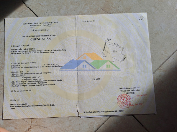 Cần bán đât phường phú cường, thị xã thủ dầu một, tỉnh bình dương
