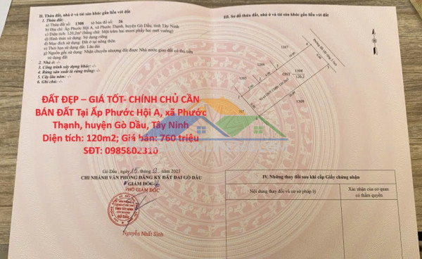 Đất đẹp – giá tốt- chính chủ cần bán đất tại ấp phước hội a, xã phước thạnh, huyện gò dầu, tây ninh