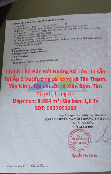 Chính chủ bán đất ruộng đã lên líp sẵn tại ấp 2 vụ(đường cái tôm) xã tân thạnh, tây ninh