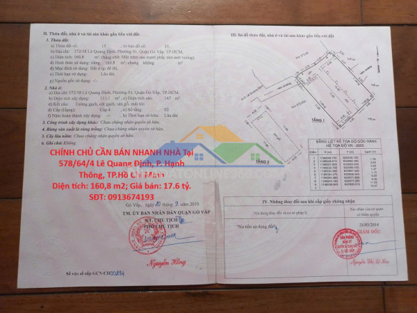 Chính chủ cần bán nhanh nhà tại lê quang định, phường 1, quận gò vấp, tp hồ chí minh