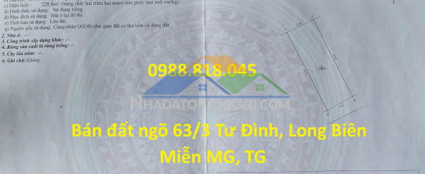 Chính chủ bán đất phân lô ngõ 63 tư đình, phường long biên, thành phố hà nội, 229m2, đường ô tô tránh, miễn tg