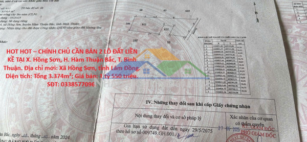 Hot hot – chính chủ cần bán 2 lô đất liền kề tại x. hồng sơn, h. hàm thuận bắc, t. bình thuận