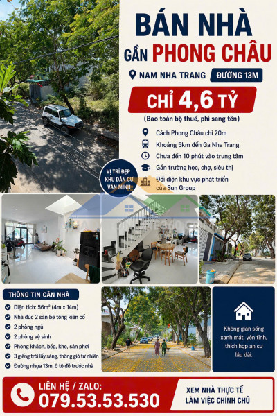 Bán nhà khu dân cư đất lành – nam nha trang  cách phong châu 20m  nhà đẹp 2 tầng chỉ 4,6 tỷ
