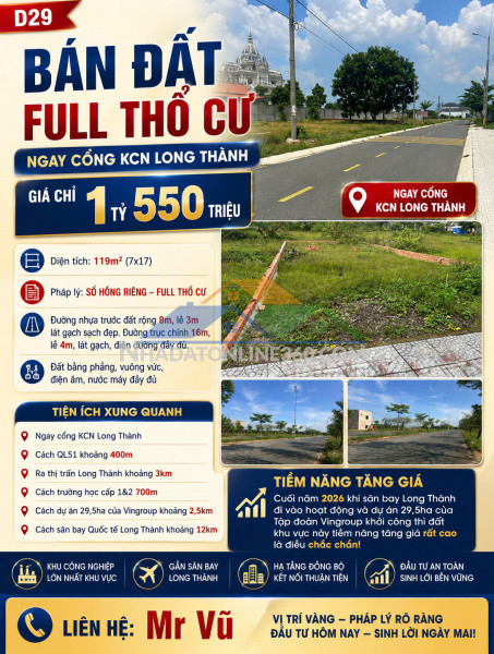 D29 | BÁN ĐẤT FULL THỔ CƯ NGAY CỔNG KCN LONG THÀNH – CHỈ 1,55 TỶ