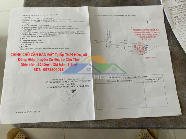Đầu tư sinh lời – chính chủ cần bán đất tại  xã đông hiệp, huyện cờ đỏ, tp cần thơ
