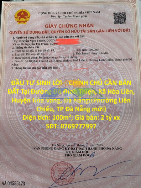 Đầu tư sinh lời – chính chủ cần bán đất tại  xã hòa liên, huyện hòa vang, đà nẵng