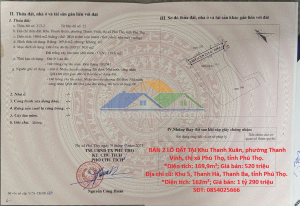 Hot hot – chính chủ cần bán 2 lô đất tại tx. phú thọ và h. thanh ba, tỉnh phú thọ.