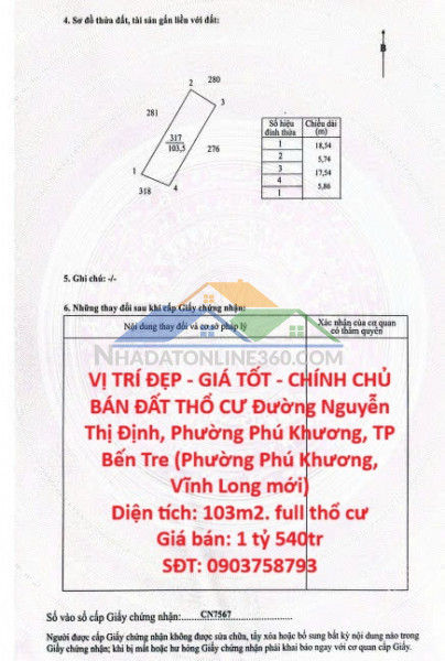 Vị trí đẹp - giá tốt - chính chủ bán đất thổ cư đường nguyễn thị định, phường phú khương, tp bến tre