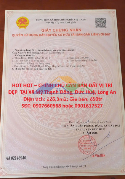 Hot hot – chính chủ cần bán đất vị trí đẹp  tại xã mỹ thạnh đông, đức huệ, long an