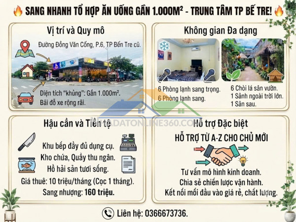Sang nhanh tổ hợp ăn uống gần 1.000m² ngay trung tâm tp bến tre vị trí đắc địa: đường đồng văn cống, phường 6, tp bến tre cũ