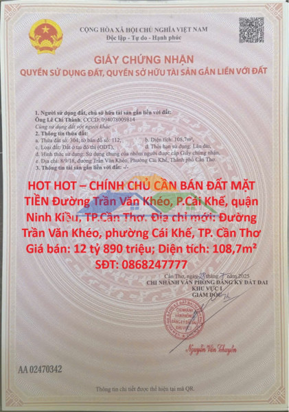Hot hot – chính chủ cần bán đất mặt tiền đường trần văn khéo, p.cái khế, quận ninh kiều, tp.cần thơ