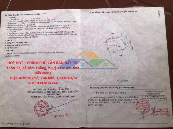 Hot hot – chính chủ cần bán đất  tại xã tâm thắng, huyện cư jut, tỉnh đắk nông