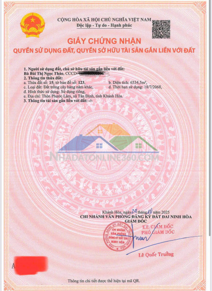 Chính chủ bán nhanh đất phước lâm, tân định, khánh hòa
