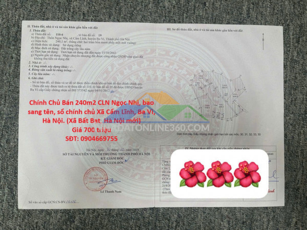 Chính chủ bán 240m2 cln ngọc nhị, bao sang tên, sổ chính chủ xã cẩm lĩnh, ba vì, hà nội