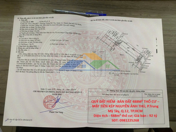 Quỹ đất hiếm -bán đất 488m² thổ cư – mặt tiền kép nguyễn ảnh thủ, p.trung mỹ tây, q.12, tp.hcm