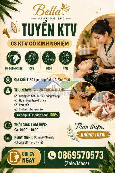 Bella healing spa tuyển ktv có kinh nghiệm gội dưỡng sinh, cvg, body,...