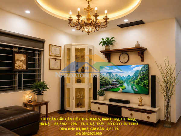 Hot bán gấp căn hộ ct6a bemes – 83,3m2 – 2pn – full nội thất – sổ đỏ chính chủ