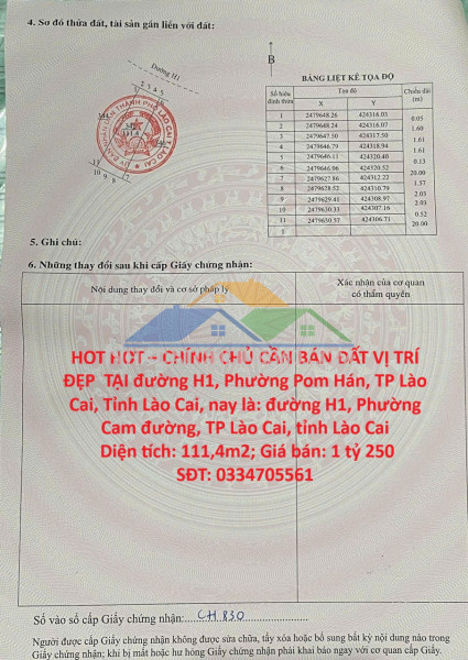 Hot hot – chính chủ cần bán đất vị trí đẹp  tại đường h1, phường pom hán, tp lào cai, tỉnh lào cai