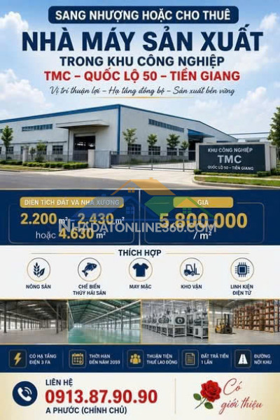 Sang nhượng hoặc cho thuê nhà máy sản xuất , kcn tmc, quốc lộ...
