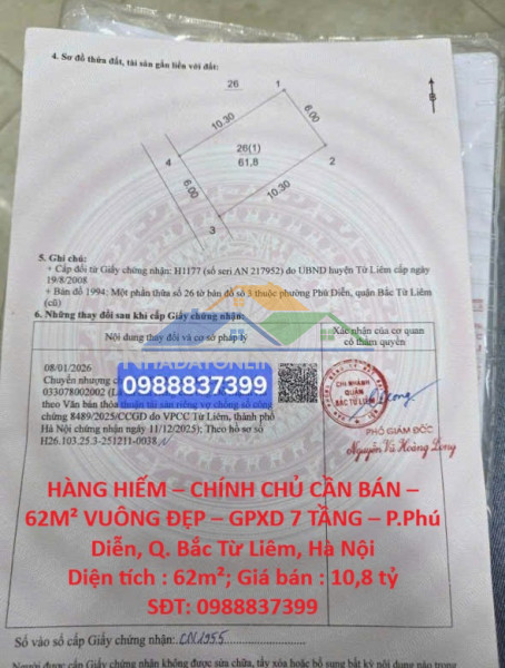Hàng hiếm – chính chủ cần bán – 62m² vuông đẹp – gpxd 7 tầng – p.phú diễn, q. bắc từ liêm, hà nội