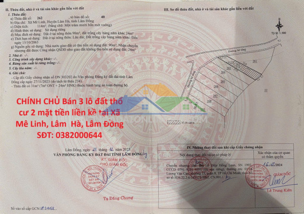 Chính chủ bán 3 lô đất thổ cư 2 mặt tiền liền kề tại xã mê linh, lâm  hà, lâm đồng