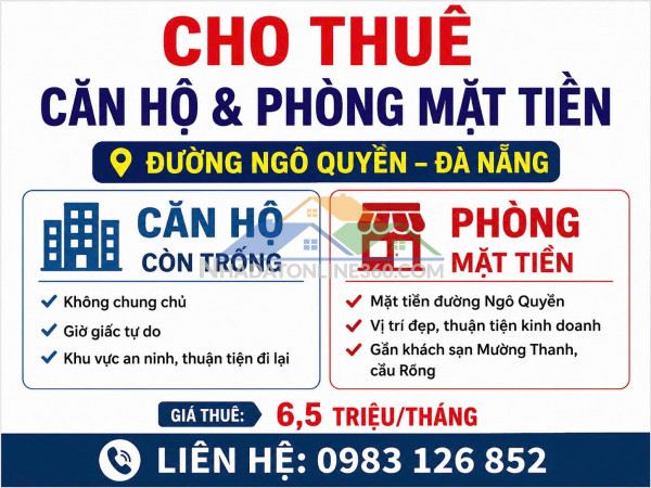 Giá tốt - chính chủ cho thuê căn hộ và phòng mặt tiền đường ngô quyền – đà nẵng