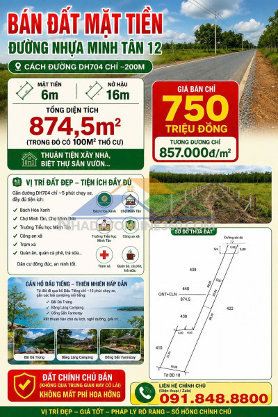 ( cần bán ) đất chính chủ mặt tiền đường nhựa minh tân 12, xã minh tân, huyện dầu tiếng, bình dương