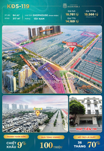 Bán shophouse khu kinh đô vinhomes ocenpark 2: 84m2- 4 tầng- 14 tỷ.