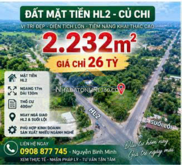 2.232m² đất mặt tiền hl2- củ chi – ngang 17m – 400m² thổ cư...
