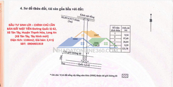 Đầu tư sinh lời – chính chủ cần bán đất mặt tiền ql 62  tại xã tân tây, huyện thạnh hóa, long an