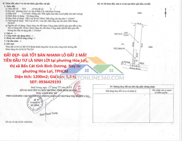 Đất đẹp- giá tốt bán nhanh lô đất 2 mặt tiền đầu tư là sinh lời tại bến cát, bình dương