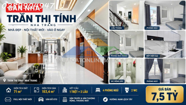 Bán nhà mới 3 tầng mặt tiền đường trần thị tính nha trang – diện tích sàn 153,4m² full nội thất cao cấp có 4 phòng ngủ sân đỗ ô tô và sân thượng thoáng mát sổ