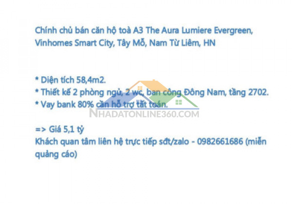 Chính chủ bán căn hộ toà a3 the aura lumiere evergreen, vinhomes smart...