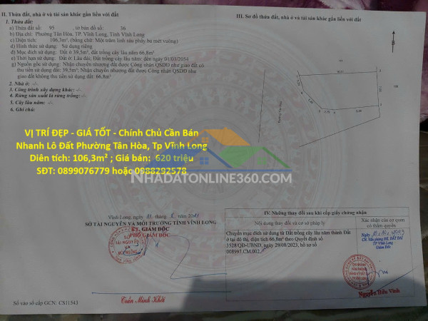 Vị trí đẹp - giá tốt - chính chủ cần bán nhanh lô đất phường tân hòa, tp vĩnh long