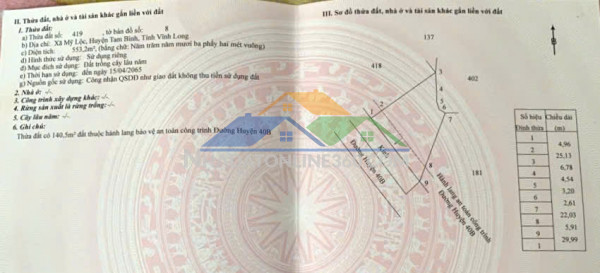 Đầu tư sinh lời - chính chủ bán lô đất mặt tiền đường huyện 40b  xã mỹ lộc, tam bình, vĩnh long