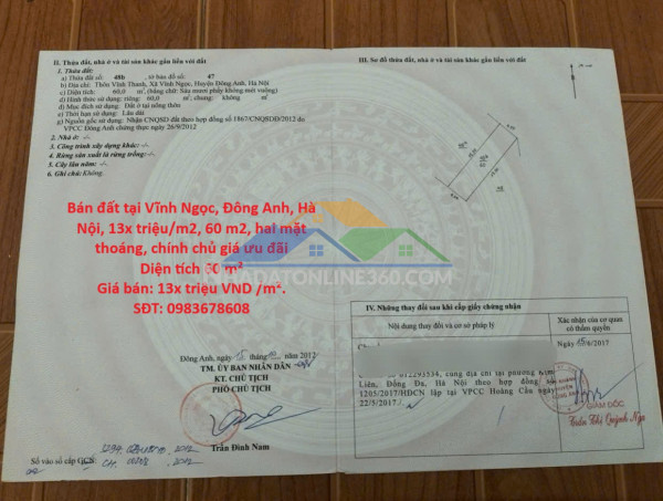 Bán đất tại vĩnh ngọc, đông anh, hà nội, 13x triệu/m2, 60 m2, hai mặt thoáng, chính chủ giá ưu đãi