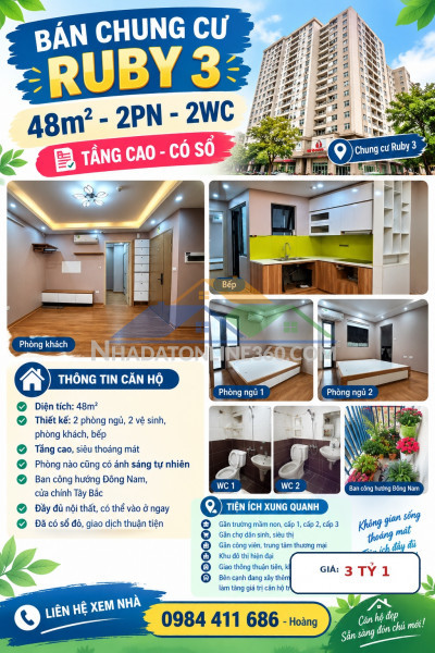 ???? bán chung cư ruby 3 – 48m² – 2pn – 2wc – tầng cao – có sổ