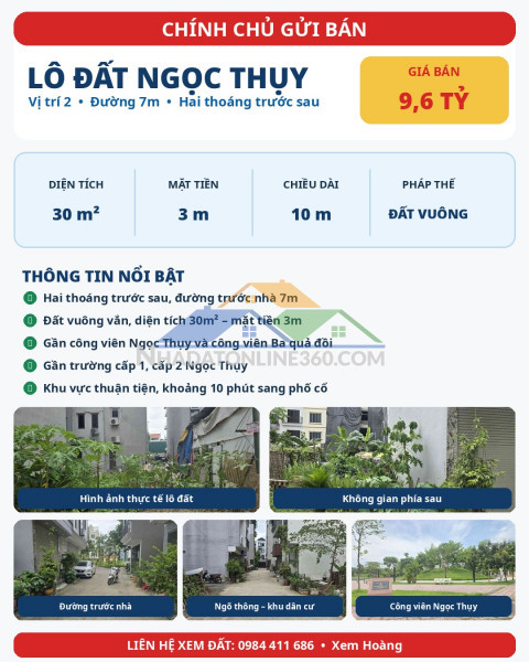Bán lô đất ngọc thụy – 30m² – đường 7m – hai thoáng – 9,6 tỷ