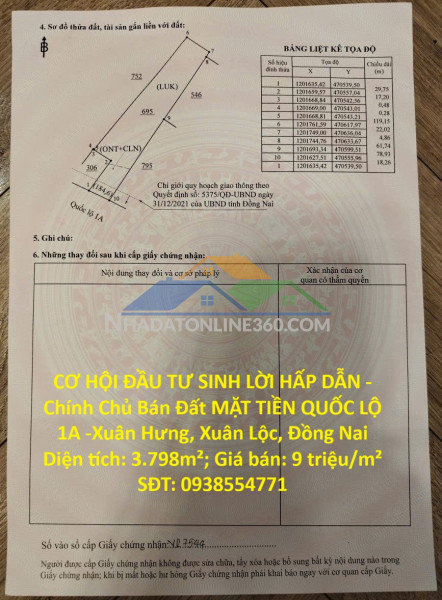 Cơ hội đầu tư sinh lời hấp dẫn -chính chủ bán đất mặt tiền quốc lộ 1a -xuân hưng, xuân lộc, đồng nai