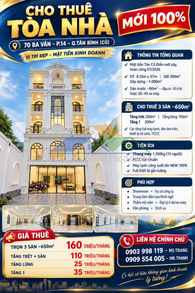 Cho thuê tòa nhà mới – 70 ba vân, p.14, q.tân bình (cũ) - vị trí đẹp – mặt tiền kinh doanh