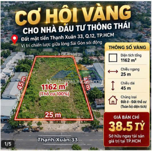 Bán gấp! đất thạnh xuân 33, q12, 1162m2, 38.5 tỷ. giá đầu tư