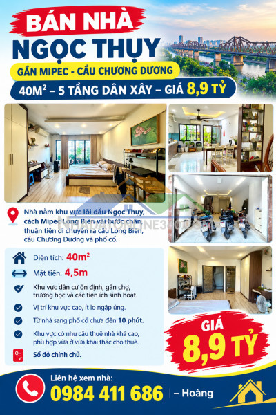 ???? bán nhà ngọc thụy - gần mipec - cầu chương dương – 40m² – 5 tầng dân xây – giá 8,9 tỷ