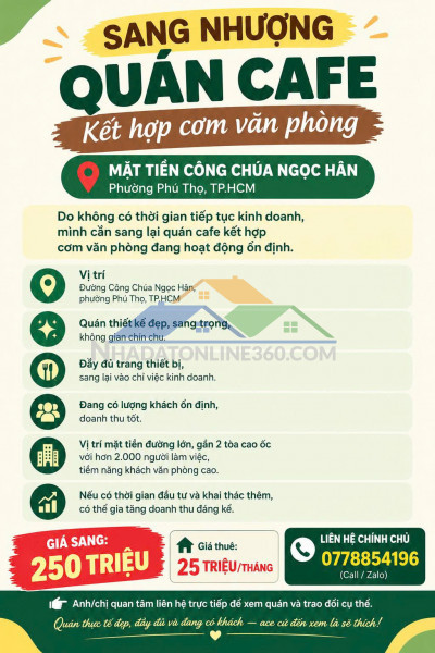 Sang nhượng quán cafe kết hợp cơm văn phòng – mặt tiền công...