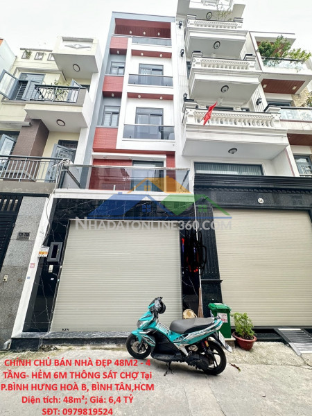 Chính chủ bán nhà đẹp 48m2 - 4 tầng- hẻm 6m thông sát chợ tại p.bình hưng hoà b, bình tân,hcm