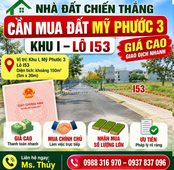 Nhà đất chiến thắng cần mua đất mỹ phước 3 khu i – lô i53