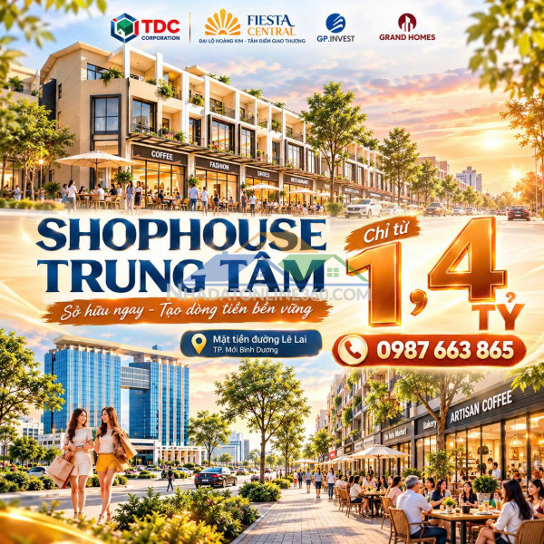 Sở hữu shophouse fiesta central 2 mặt tiền trung tâm tp mới bình dương–0987663865 cơ hội bắt đầu vốn 30% từ 1,4 tỷ đồng