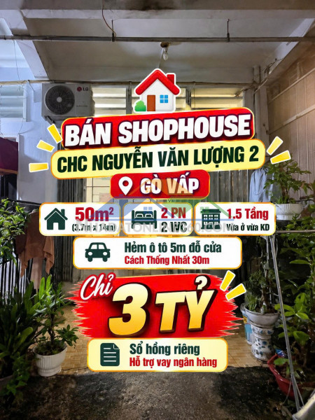 Bán shophouse trệt cc nguyễn văn lượng 2 ,gò vấp 50m2, hẻm 5m chỉ 3tỷ