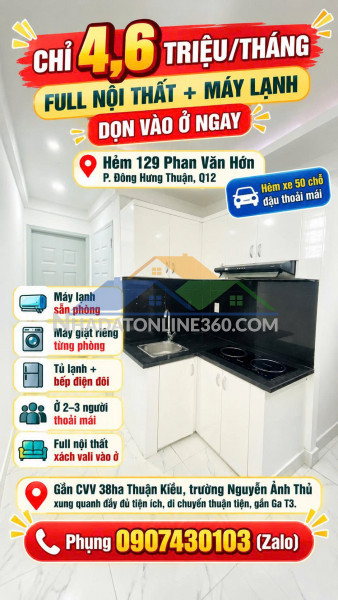 Cho thuê phòng full nội thất phan văn hớn q12 hẻm xe 50 chỗ 4.6...