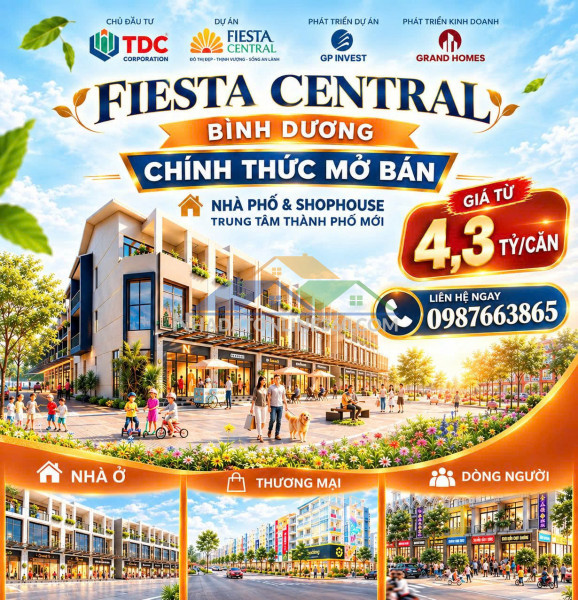 Fiesta central bình dương 0987663865 – cđt becamex chính thức mở bán shophouse 2 mặt tiền trung tâm thành phố mới – giá từ 4,3 tỷ/căn
